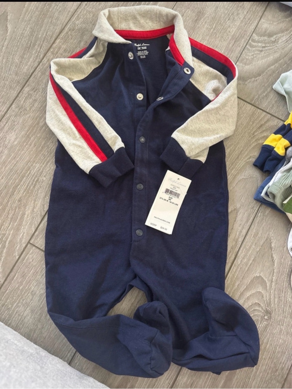Ralph Lauren Navy Footed One-Piece with Gray Sleeves and Red Stripe